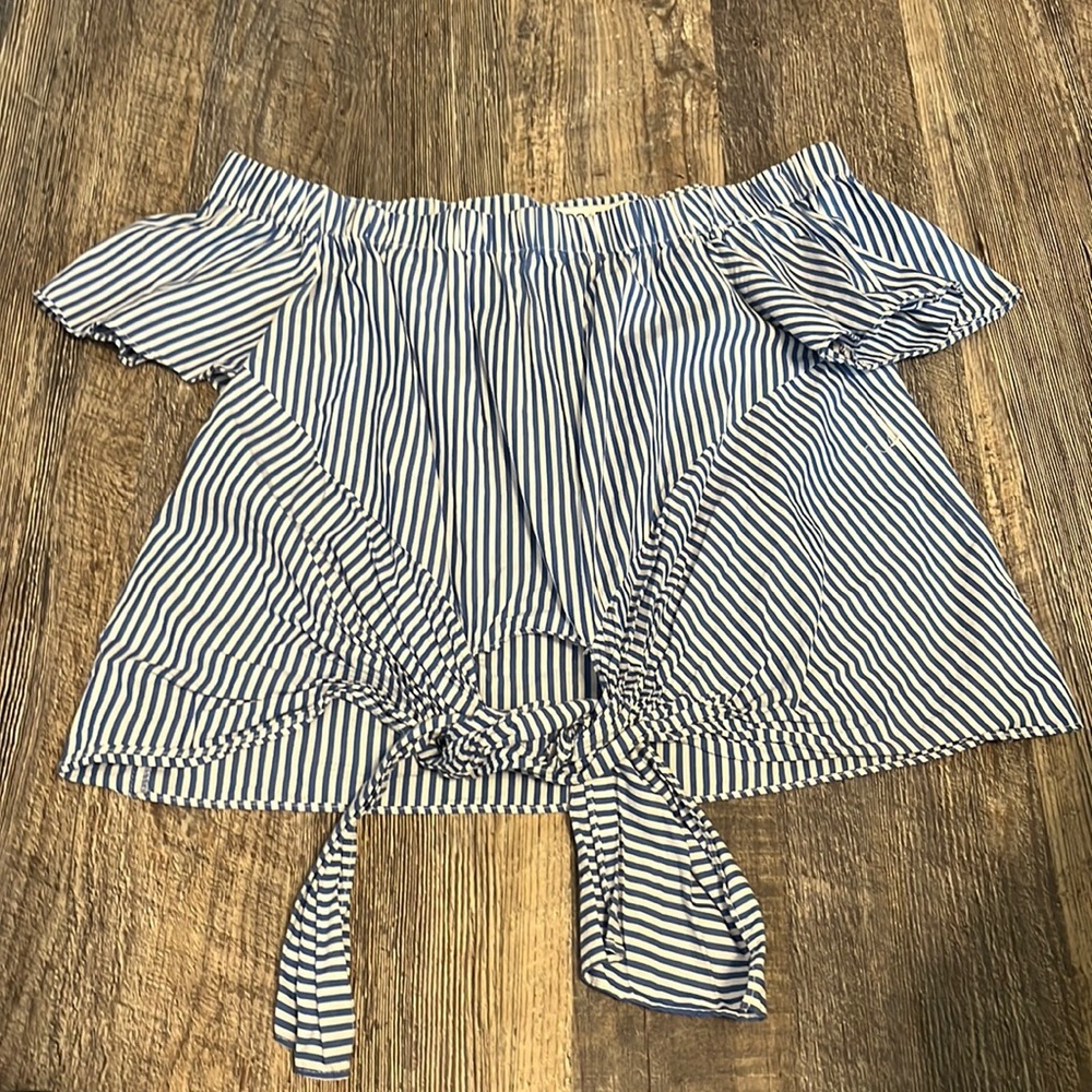 Off the Shoulder Blue & White Striped Tie Top